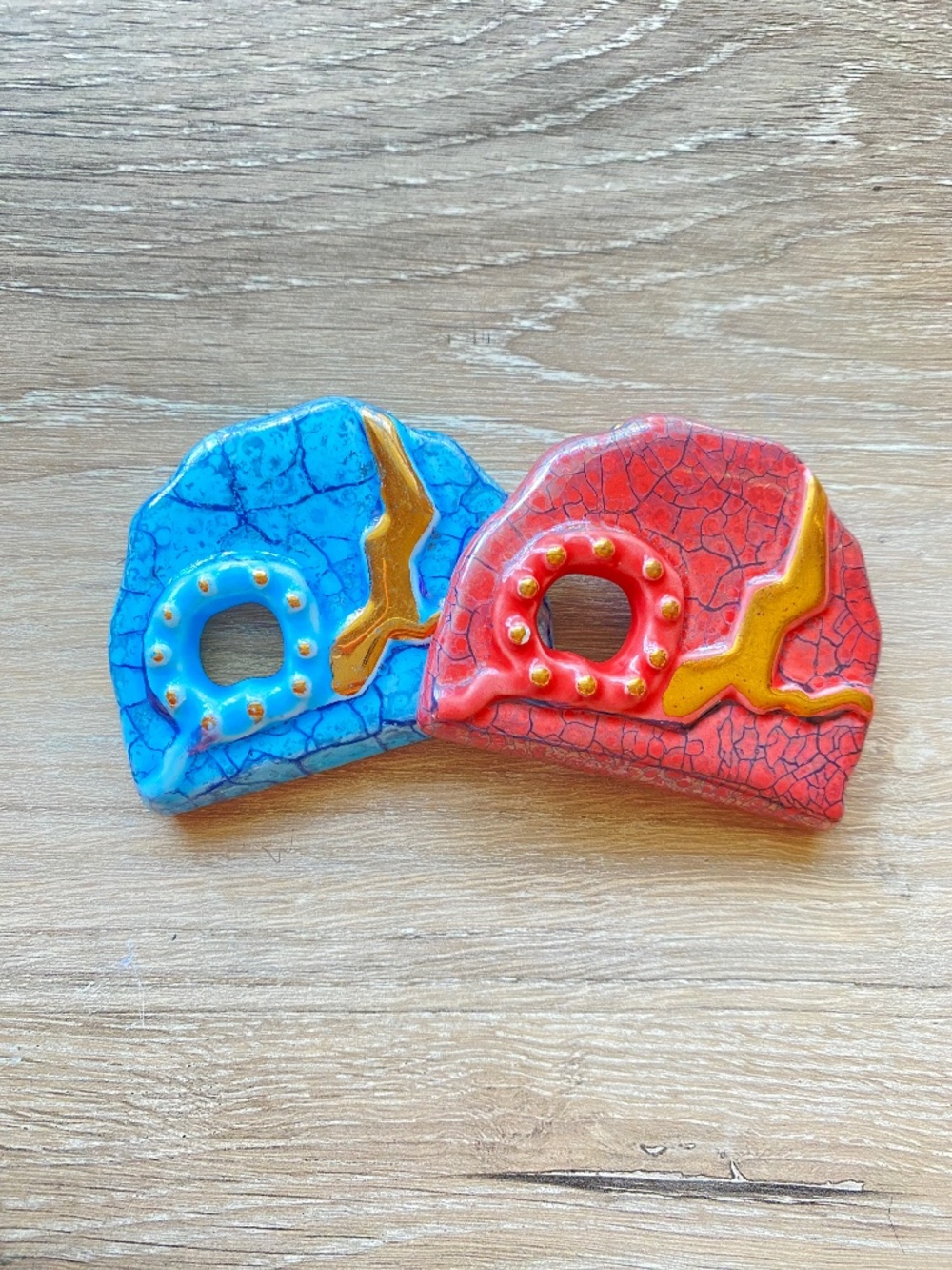 Handmade Polymer Clay Red & Blue Pendant Lot: Textured Cracked Glaze